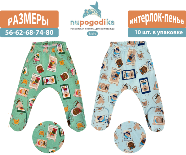 Евроползунки (Интерлок пенье) Мишки (размеры 56/62/68/74/80) оптом