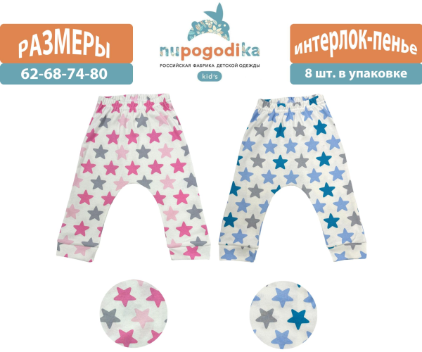 Штанишки на резинке с манжетами (Интерлок пенье) Звезды крупные (размеры 62/68/74/80) оптом