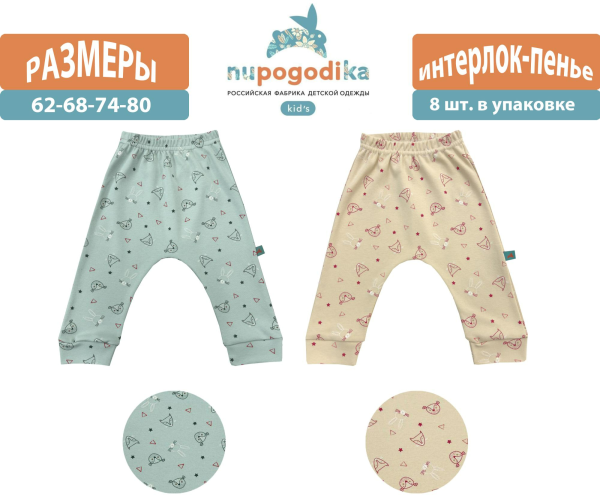 Штанишки на резинке с манжетами (Интерлок пенье) Совушки (размеры 62/68/74/80) оптом
