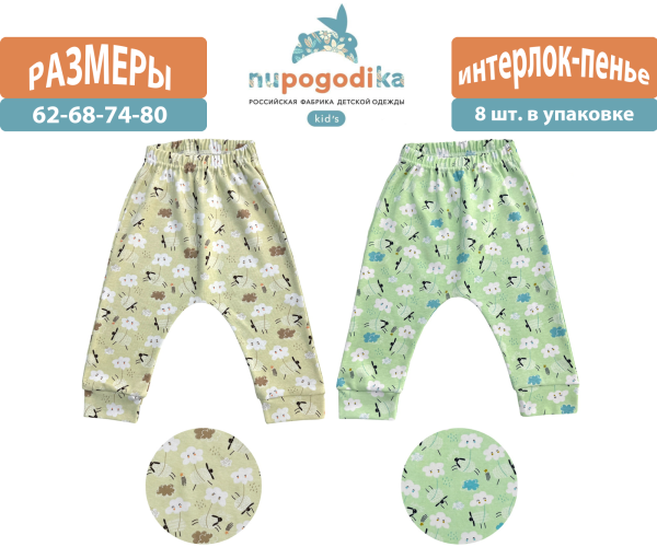 Штанишки на резинке с манжетами (Интерлок пенье) Облака (размеры 62/68/74/80) оптом