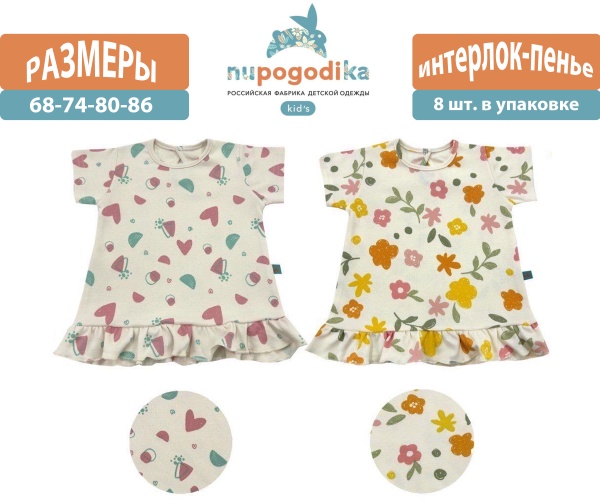 Платье к/р (Интерлок-пенье) Сердечки/цветы (размеры 68/74/80/86) оптом