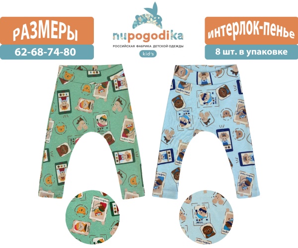 Штанишки кулиска  (Интерлок пенье) Мишки (размеры 62/68/74/80) оптом