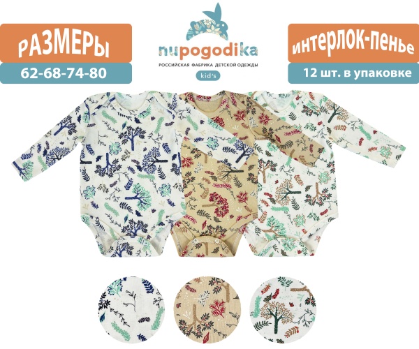 Боди 8-ка д/р (Интерлок пенье) Веточки трио (размеры 62/68/74/80) оптом